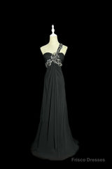 Modest A Line One Shoulder Gray Chiffon Long Prom Dress Party Dress