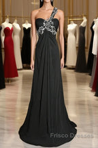 Modest A Line One Shoulder Gray Chiffon Long Formal Prom Dress Party Dress