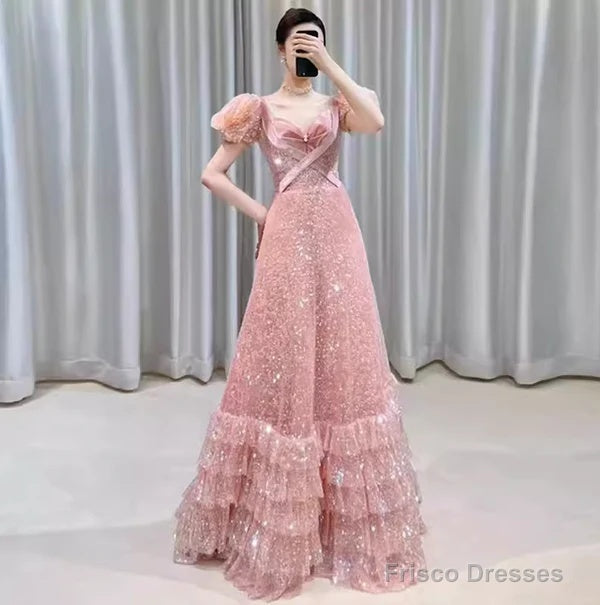 Modest A Line Pink Short Sleeves Sequin Ruffles Long Prom Dresses Pp1007 Secondary image