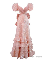 Modest A Line Pink Short Sleeves Sequin Ruffles Long Prom Dresses Pp1007