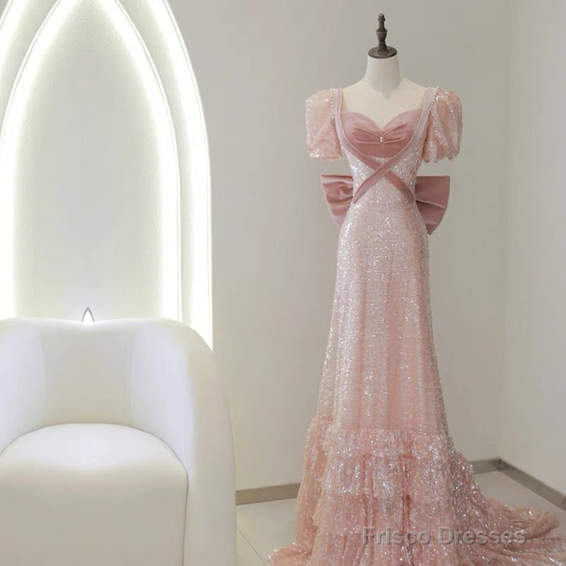 Modest A Line Pink Short Sleeves Sequin Ruffles Long Prom Dresses Pp1007 Main image