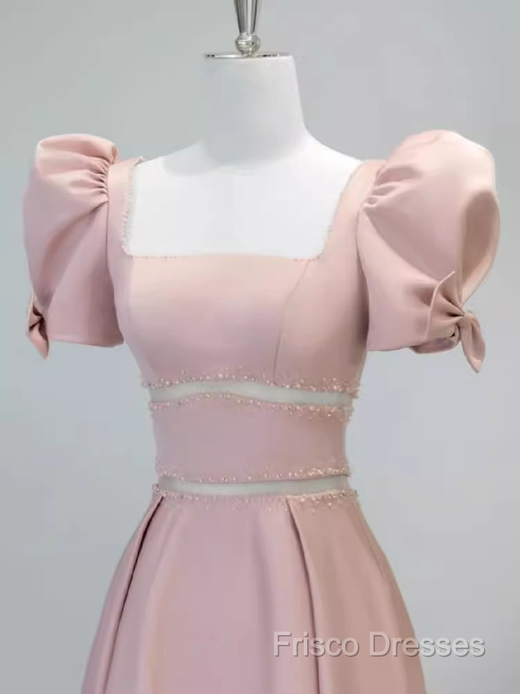 Modest A Line Short Sleeves Long Pink Formal Prom Dress
