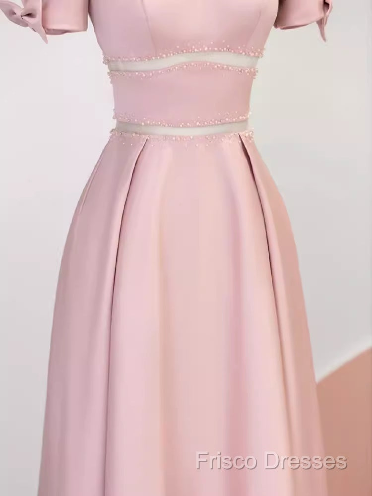 Modest A Line Short Sleeves Long Pink Formal Prom Dress