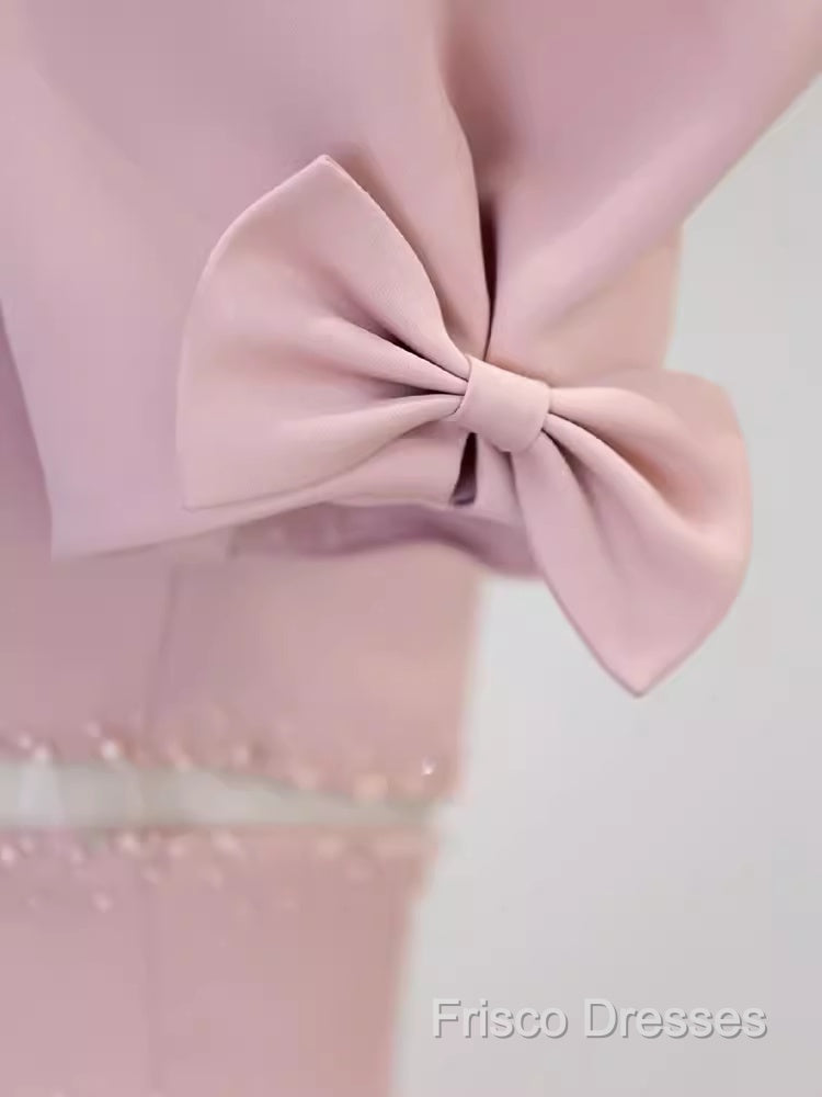 Modest A Line Short Sleeves Long Pink Formal Prom Dress