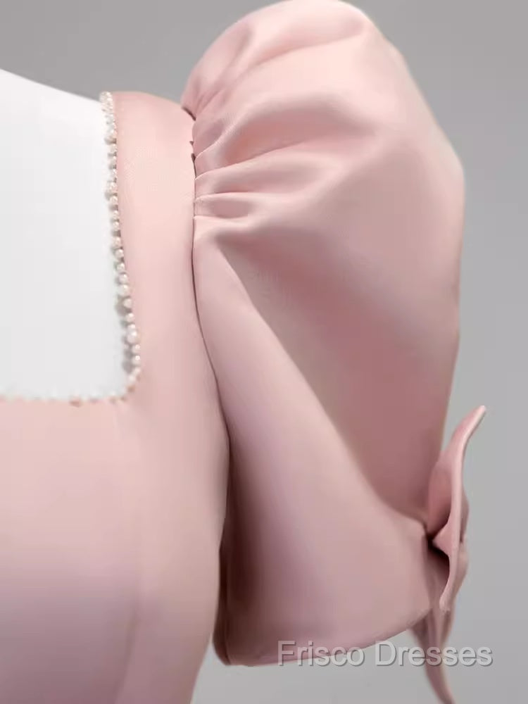 Modest A Line Short Sleeves Long Pink Formal Prom Dress