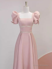Modest A Line Short Sleeves Long Pink Prom Dress