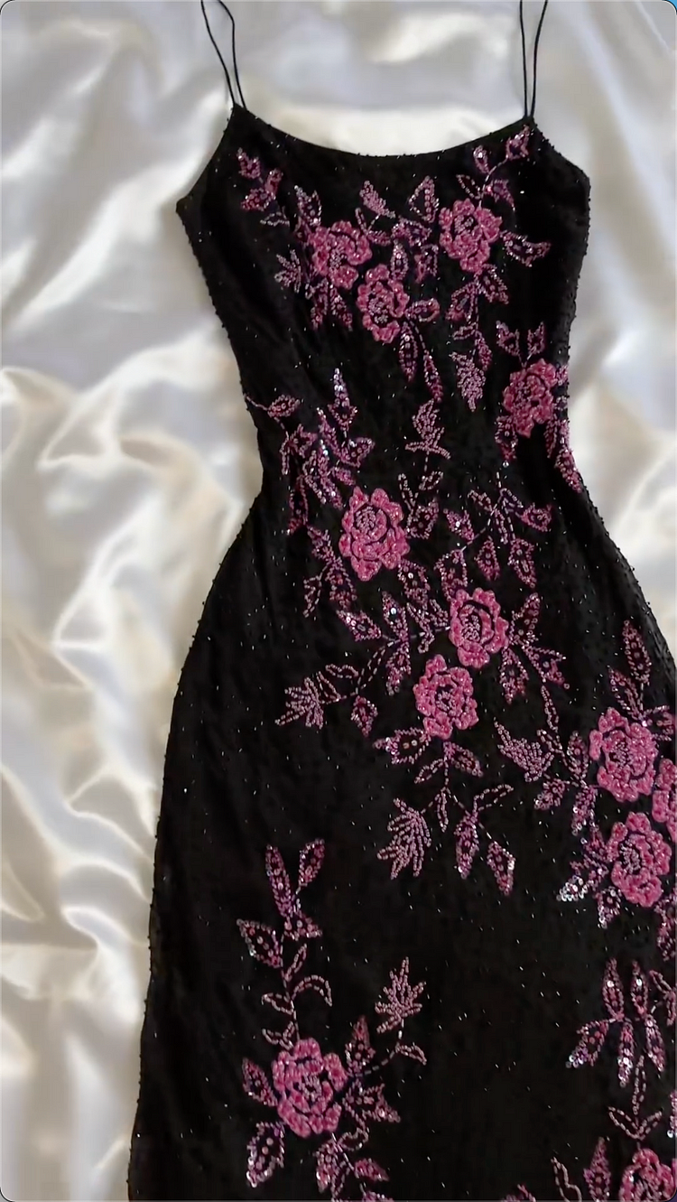 Modest A Line Spaghetti Straps Black Sequin Prom Dress Formal Dress With Flower Beads