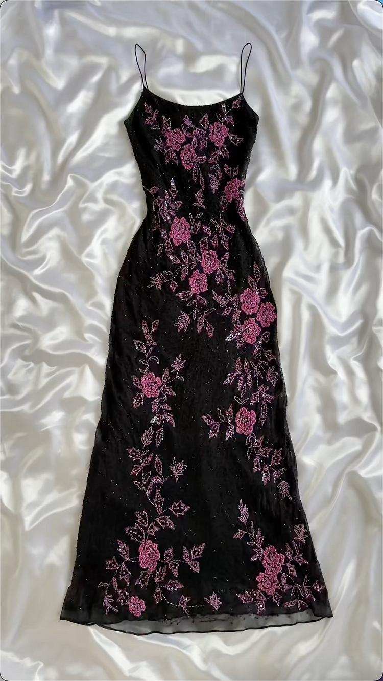 Modest A Line Spaghetti Straps Black Sequin Prom Dress Formal Dress With Flower Beads