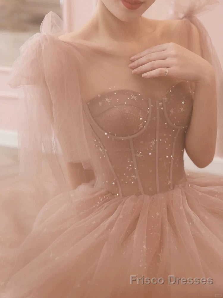 Modest A Line Spaghetti Straps Tulle Pink Evening Dress Prom Dresses