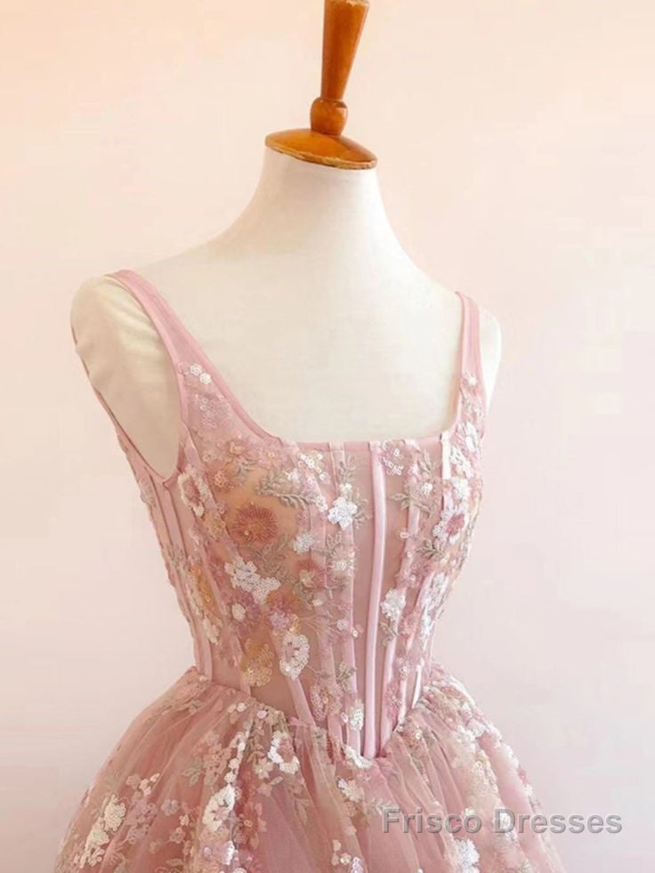 Modest A line Square Neckline Sleeveless Pink Floral Lace Floor Length Prom Dresses Secondary image