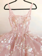 Modest A Line Square Neckline Sleeveless Pink Floral Lace Floor Length Prom Dresses