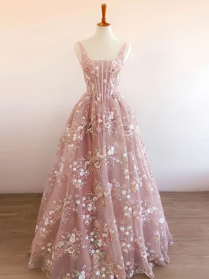 Modest A Line Square Neckline Sleeveless Pink Floral Lace Floor Length Prom Dresses Main image