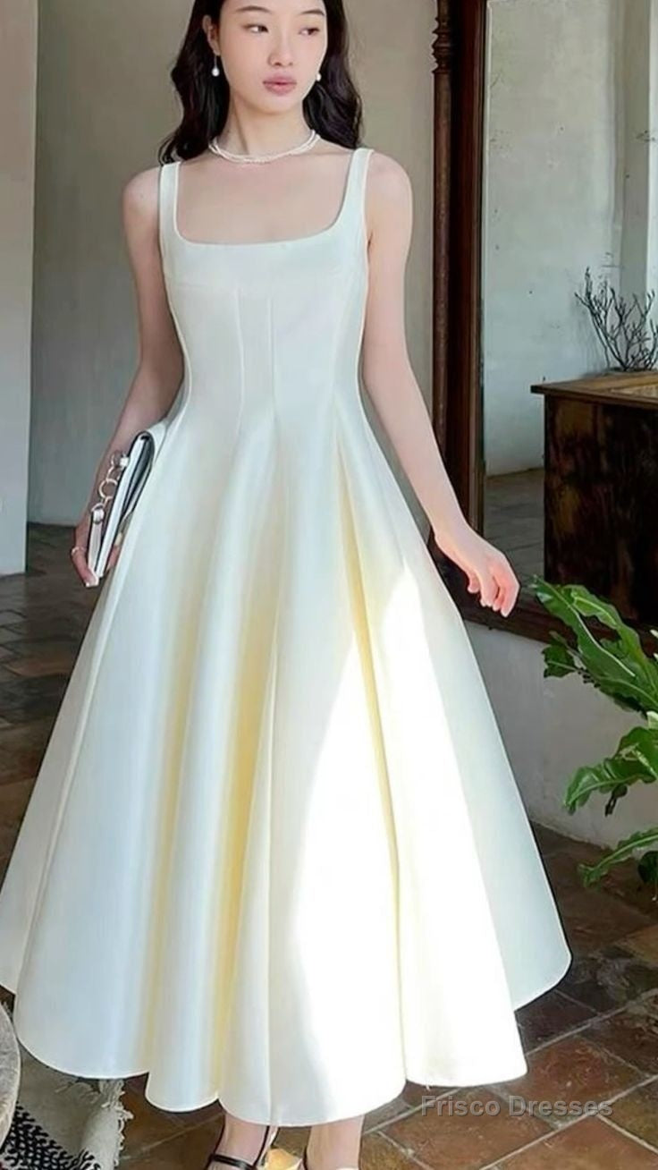 Modest A Line Square Neckline Tea Length Satin Ivory Prom Dresses Birthday Outfits