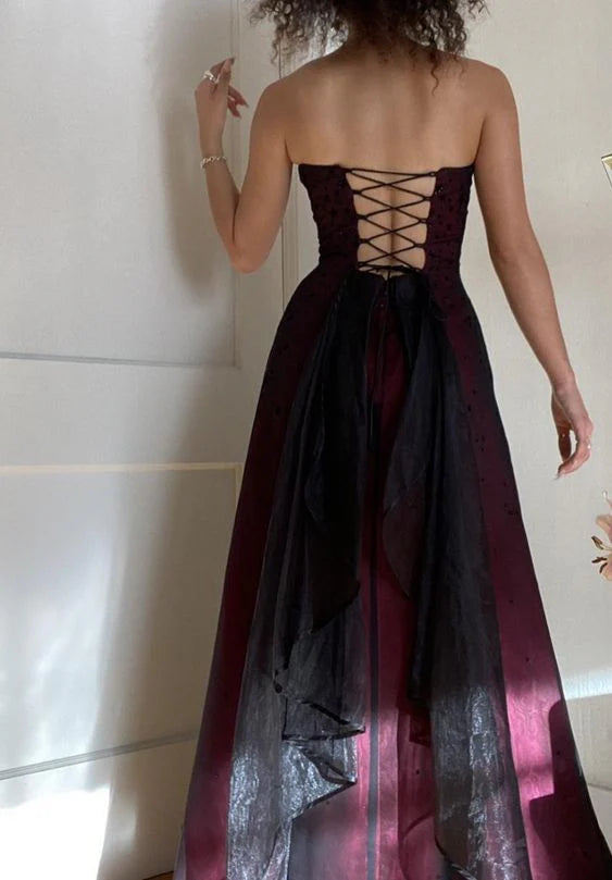 Modest A Line Strapless Burgundy Tulle Beads Long Party Dress Prom Dresses Secondary image