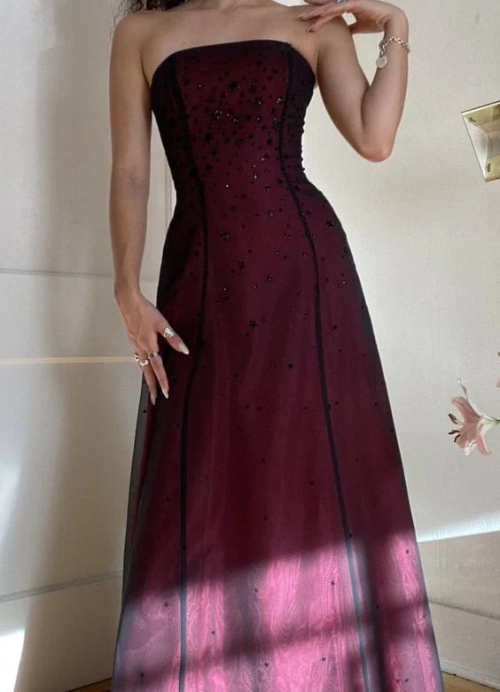 Modest A Line Strapless Burgundy Tulle Beads Long Party Dress Prom Dresses Main image