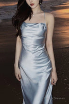 Modest A Line Strapless Light Sky Blue Backless Prom Dress