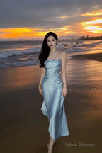 Modest A Line Strapless Light Sky Blue Backless Prom Dress