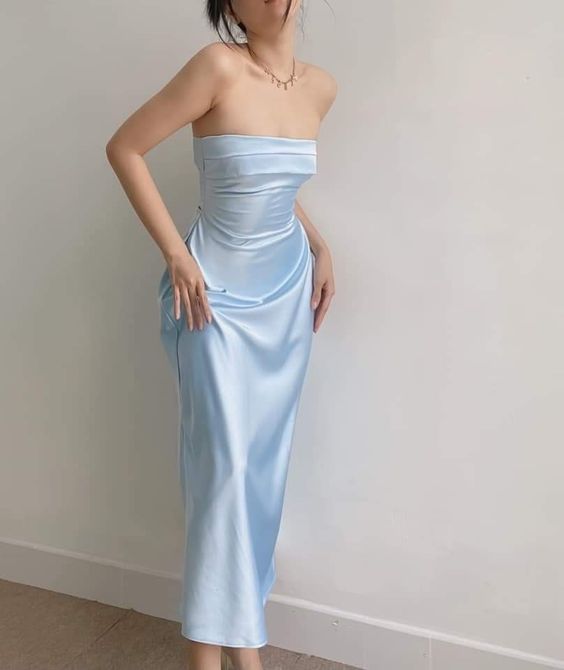 Modest A Line Strapless Long Light Sky Blue Satin Prom Dress Main image