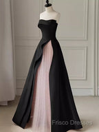 Modest A Line Strapless Long Satin Black Formal Prom Dress