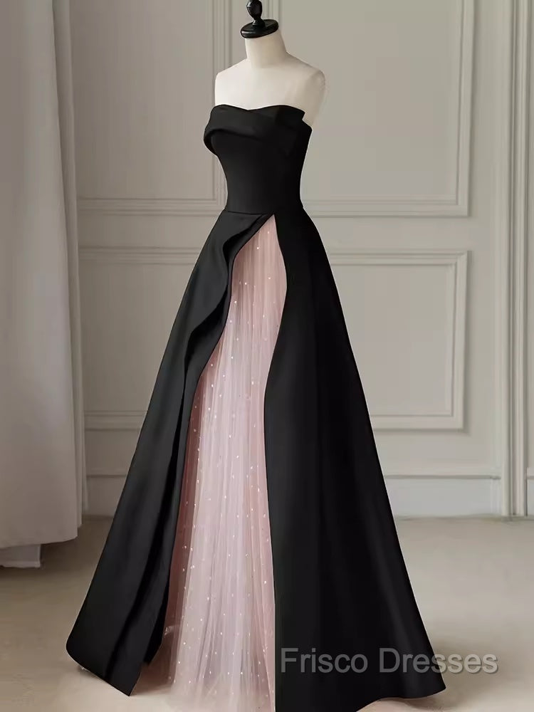 Modest A Line Strapless Long Satin Black Formal Prom Dress