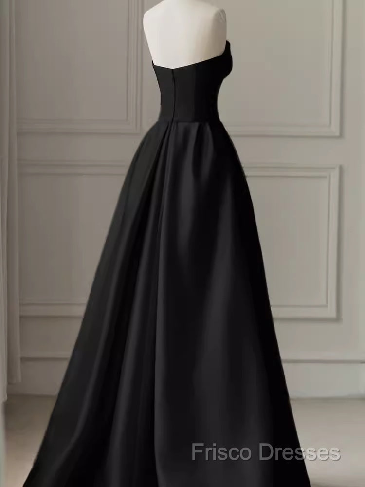 Modest A Line Strapless Long Satin Black Formal Prom Dress