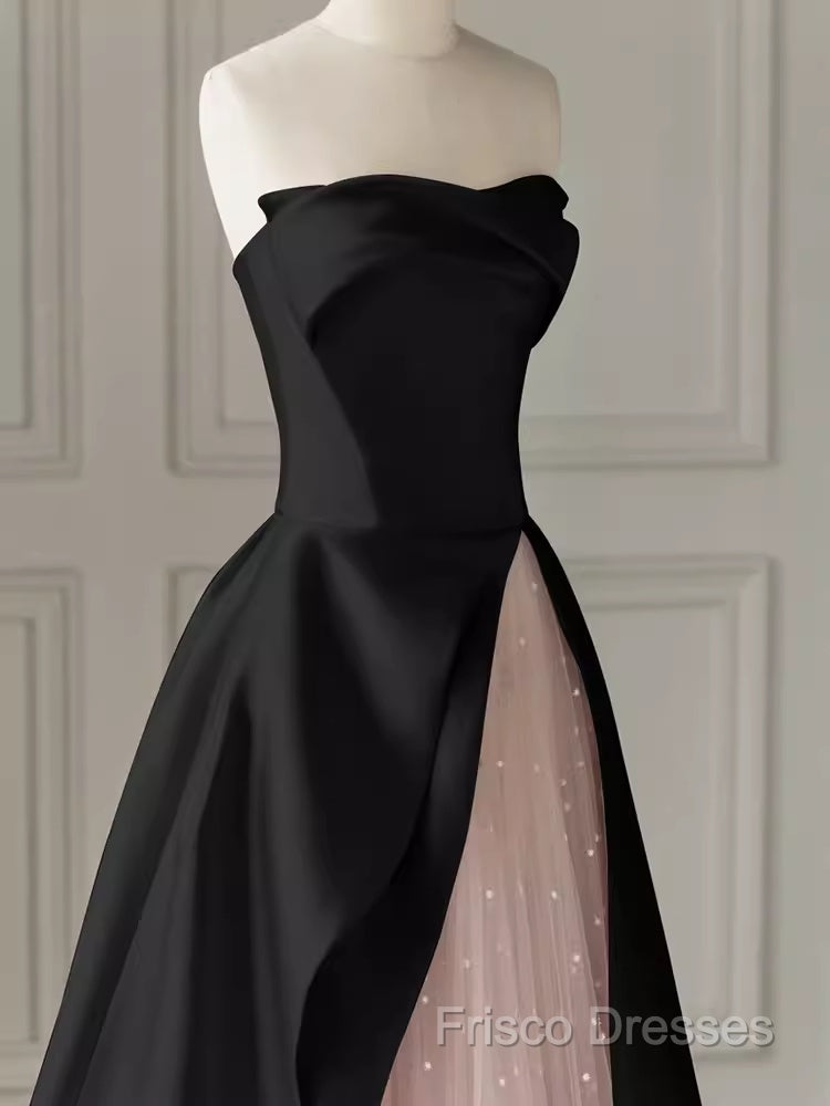 Modest A Line Strapless Long Satin Black Formal Prom Dress