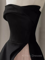 Modest A Line Strapless Long Satin Black Formal Prom Dress