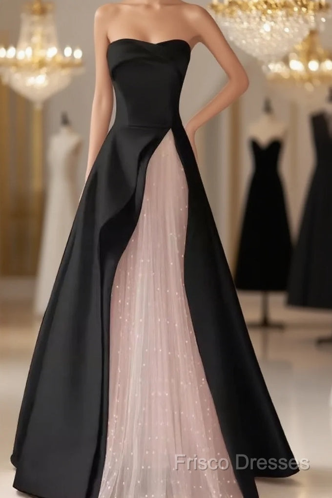 Modest A Line Strapless Long Satin Black Formal Prom Dress Main image