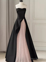 Modest A Line Strapless Long Satin Black Prom Dresses