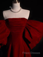 Modest A Line Strapless Long Short Sleeves Satin Red Formal Prom Dress