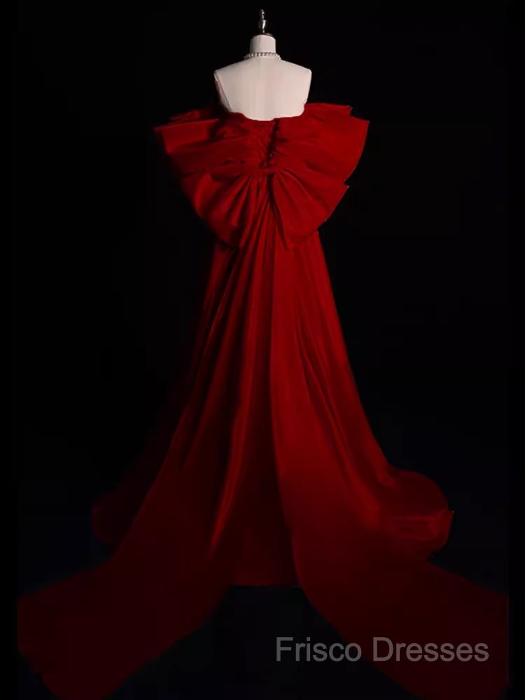 Modest A Line Strapless Long Short Sleeves Satin Red Formal Prom Dress