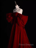 Modest A Line Strapless Long Short Sleeves Satin Red Formal Prom Dress
