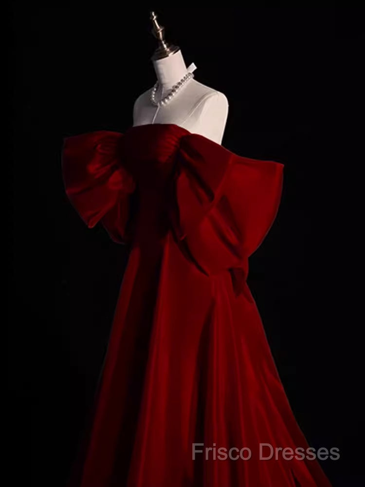 Modest A Line Strapless Long Short Sleeves Satin Red Formal Prom Dress
