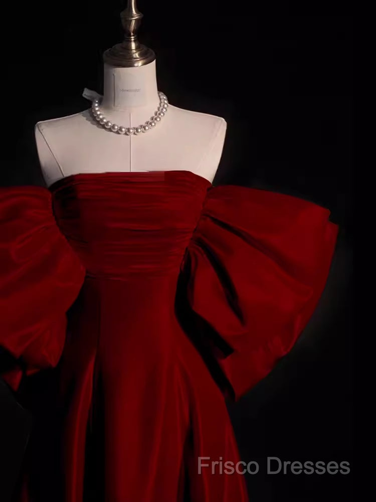 Modest A Line Strapless Long Short Sleeves Satin Red Formal Prom Dress