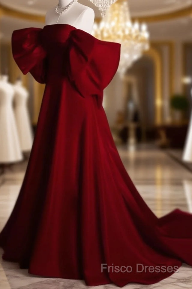 Modest A Line Strapless Long Short Sleeves Satin Red Formal Prom Dress