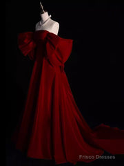 Modest A Line Strapless Long Short Sleeves Satin Red Prom Dresses