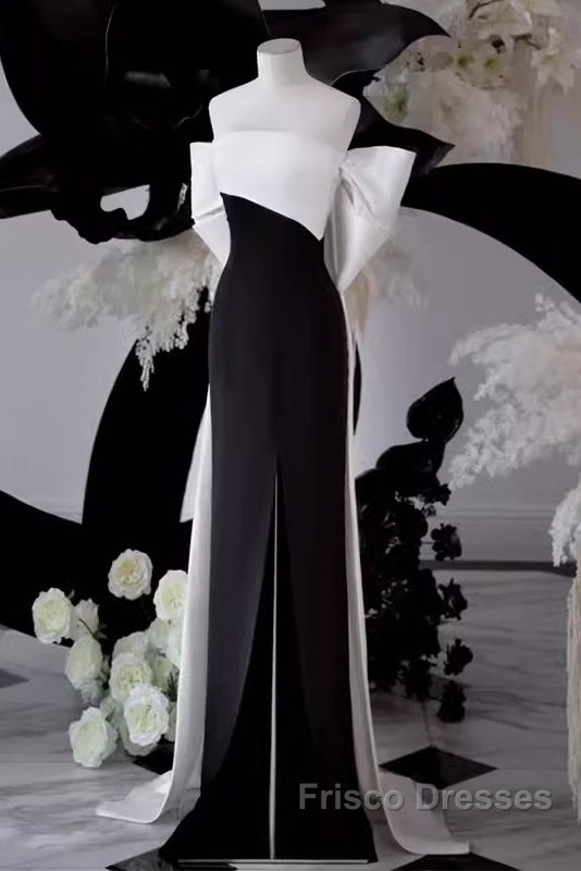 Modest A Line Strapless Long Sleeveless Satin Black Formal Prom Dress