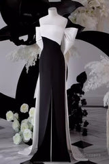 Modest A Line Strapless Long Sleeveless Satin Black Prom Dresses