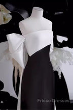 Modest A Line Strapless Long Sleeveless Satin Black Formal Prom Dress