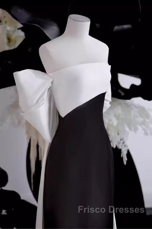 Modest A Line Strapless Long Sleeveless Satin Black Formal Prom Dress