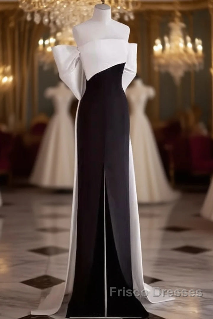 Modest A Line Strapless Long Sleeveless Satin Black Formal Prom Dress Main image