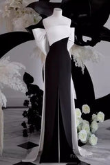 Modest A Line Strapless Long Sleeveless Satin Black Prom Dresses