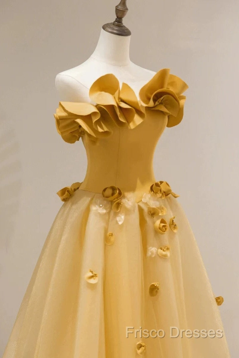 Modest A Line Strapless Yellow Tulle Long Formal Prom Dress Party Dress