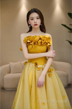 Modest A Line Strapless Yellow Tulle Long Formal Prom Dress Party Dress