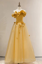 Modest A Line Strapless Yellow Tulle Long Formal Prom Dress Party Dress