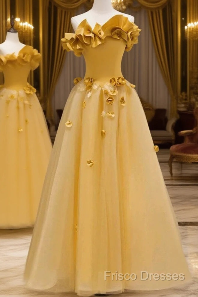 Modest A Line Strapless Yellow Tulle Long Formal Prom Dress Party Dress Main image