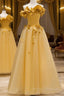 Modest A Line Strapless Yellow Tulle Long Formal Prom Dress Party Dress