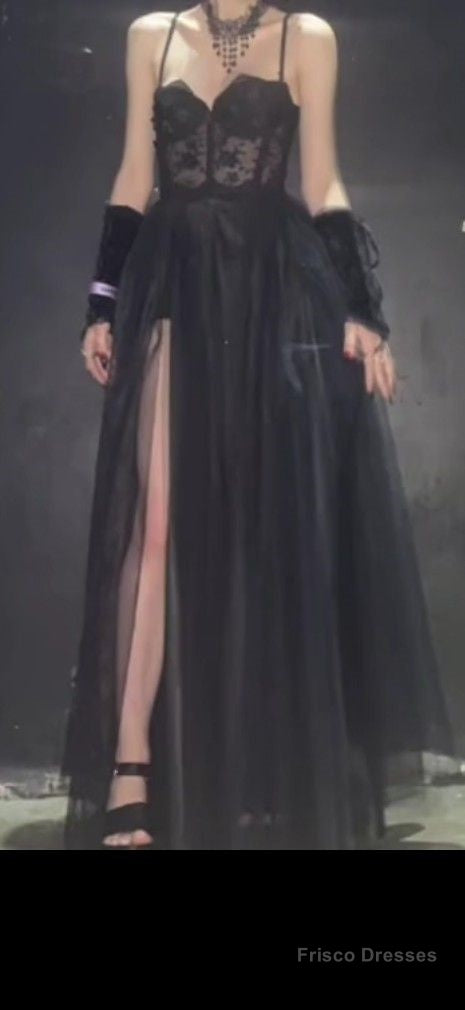 Modest A Line Straps Black Lace Prom Dresses