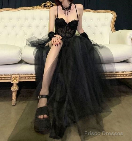 Modest A Line Straps Black Lace Prom Dresses Main image