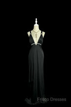 Modest A Line Straps Black Satin Long Formal Prom Dress Party Dress